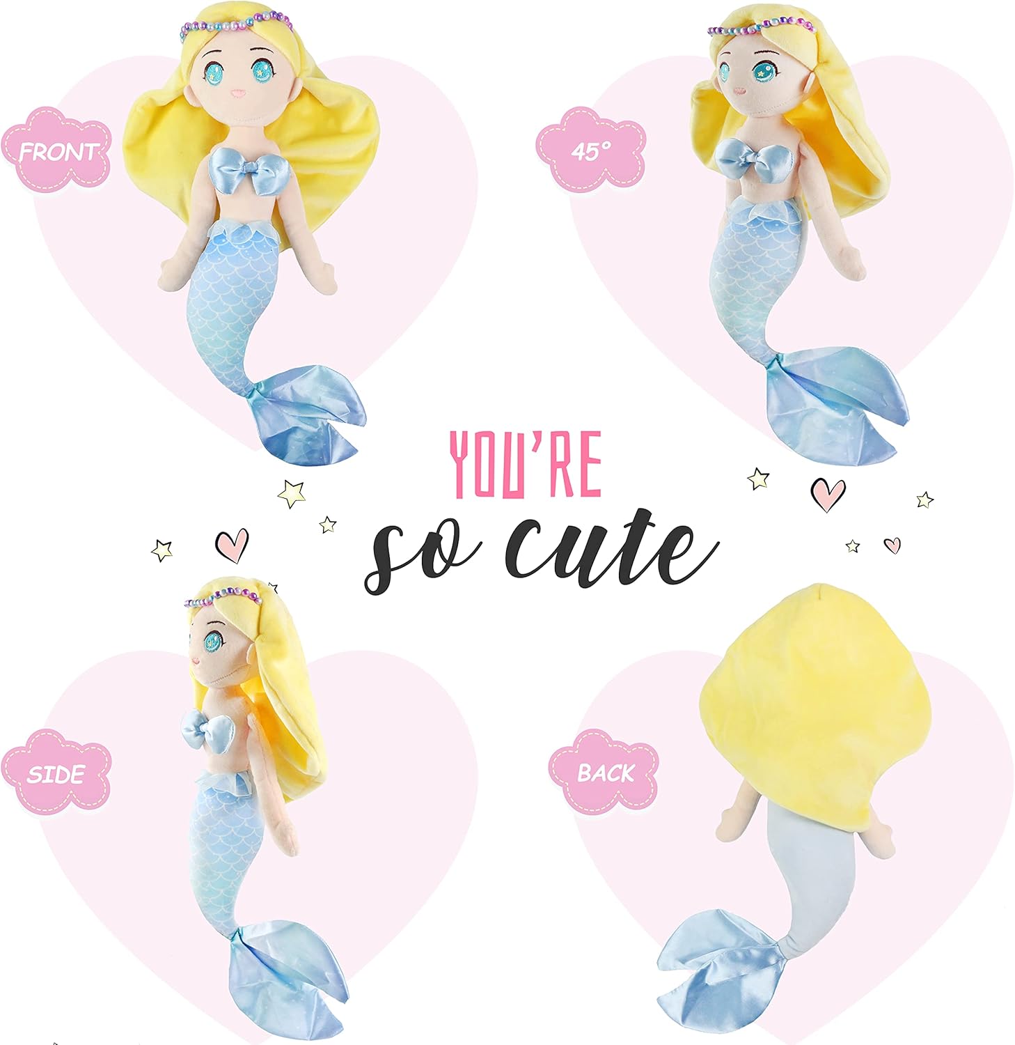 Athoinsu Muñeca de peluche suave de princesa sirena, cumpleaños, día del niño, para niñas pequeñas, amarillo, 15.5 pulgadas