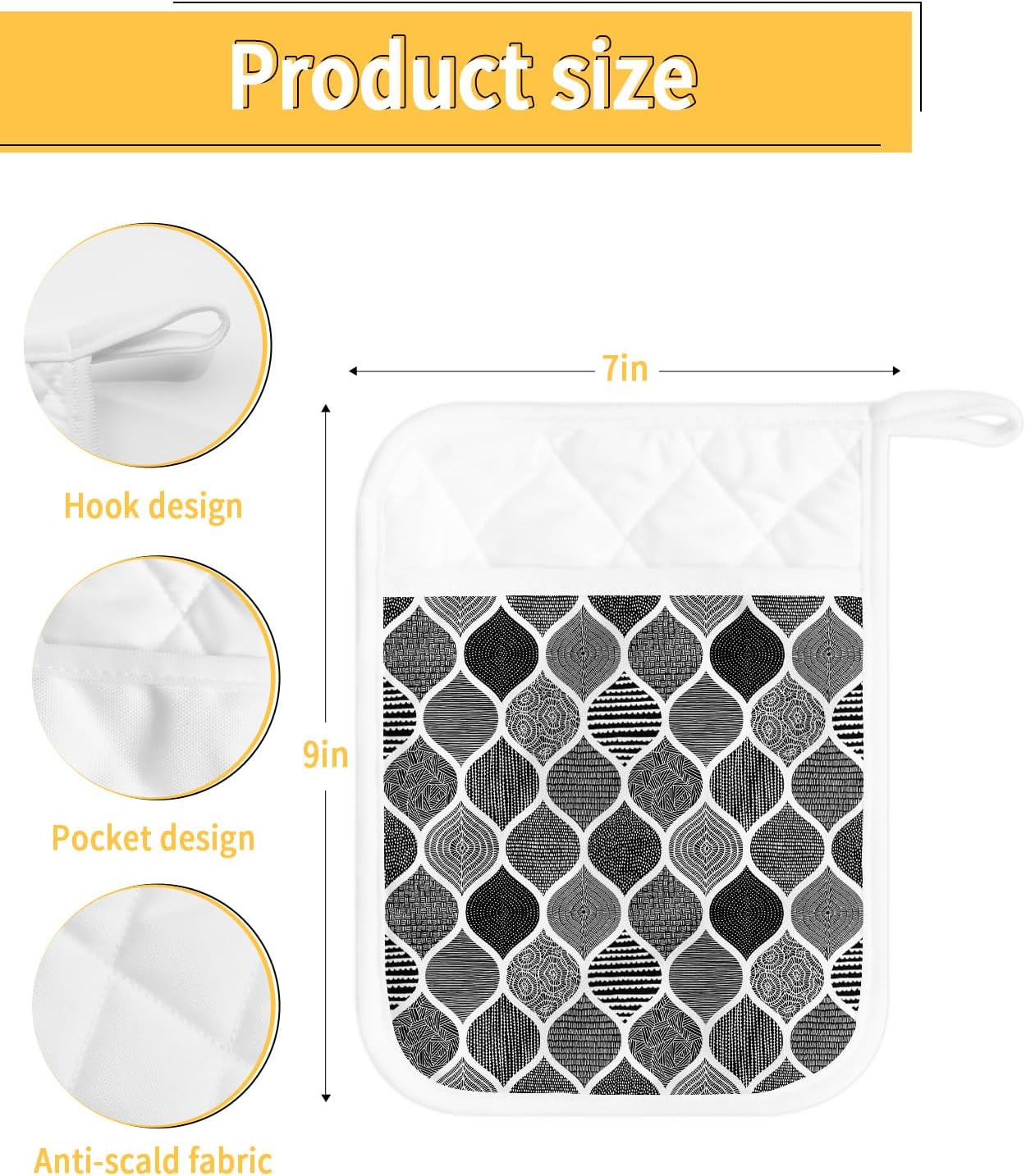 Black Bohemia 2Pcs Pot Holders for Kitchen,Non Slip & Heat Insulation Terry Cloth Potholder Set with Pocket,Thick Hot Pad Oven Mitts Trivet Coaster