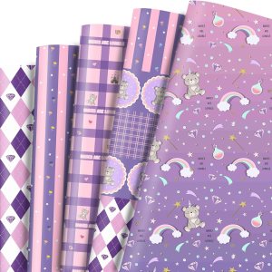 Dtiafu Papel de regalo para bebé, 10 hojas de papel de regalo morado y rosa para baby shower, cumpleaños, baby shower, oso, diamante, arco Dtiafu Papel de regalo para bebé, 10 hojas de papel de regalo morado y rosa para baby shower, cumpleaños, baby shower, oso, diamante, arco