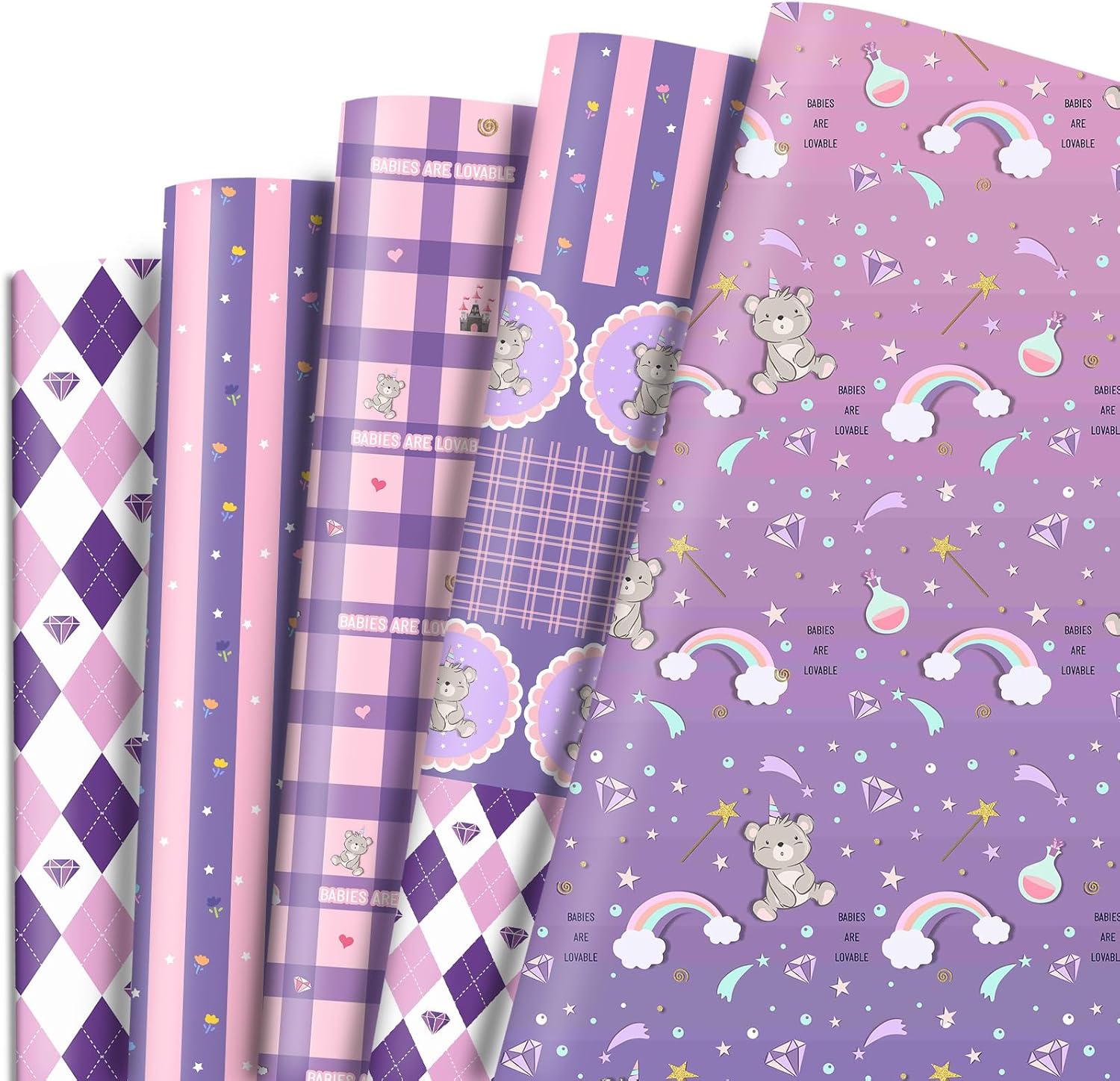 Dtiafu Papel de regalo para bebé, 10 hojas de papel de regalo morado y rosa para baby shower, cumpleaños, baby shower, oso, diamante, arco