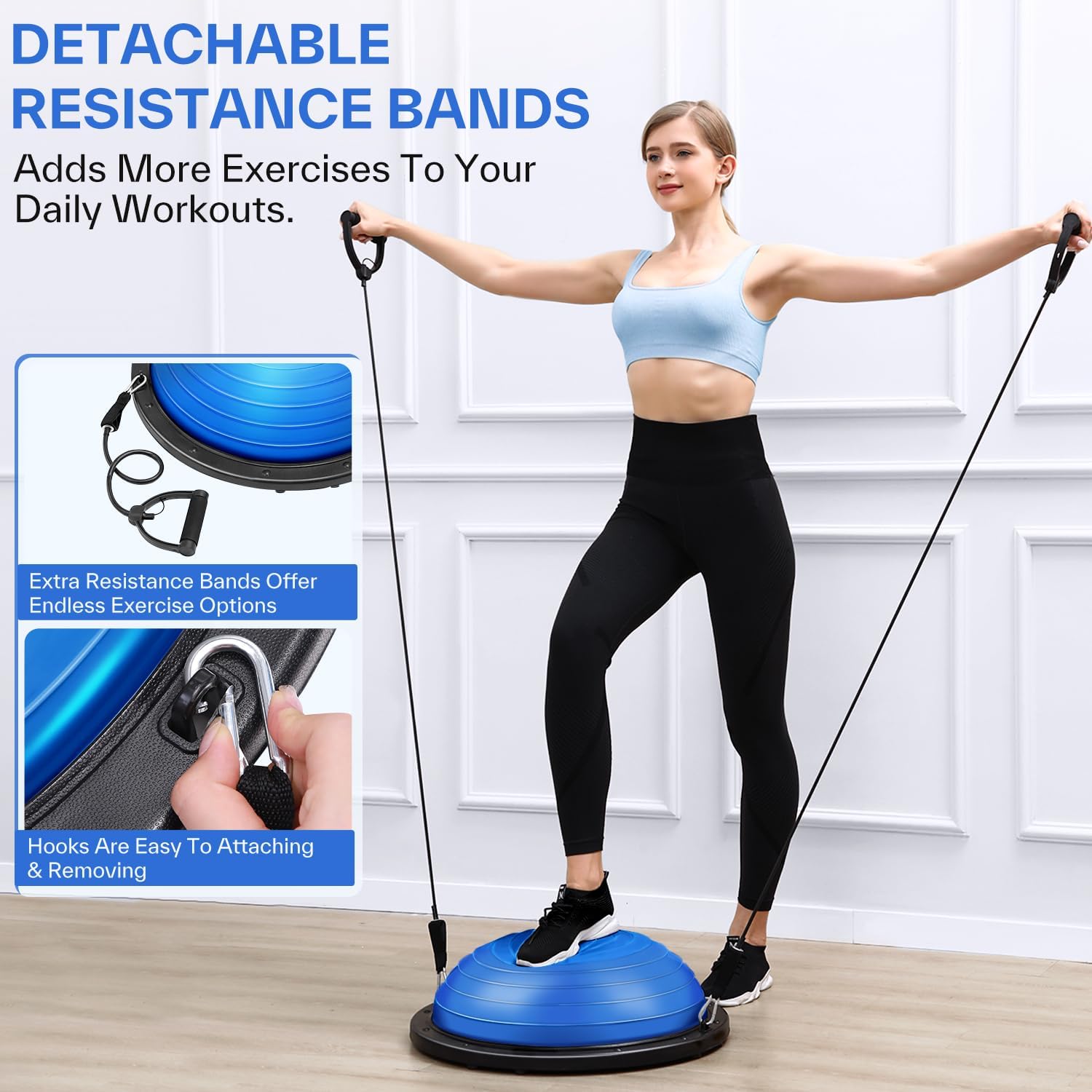 Sportneer Entrenador de pelota de equilibrio con bandas de resistencia y bomba, media pelota de yoga inflable para entrenamiento de cuerpo completo