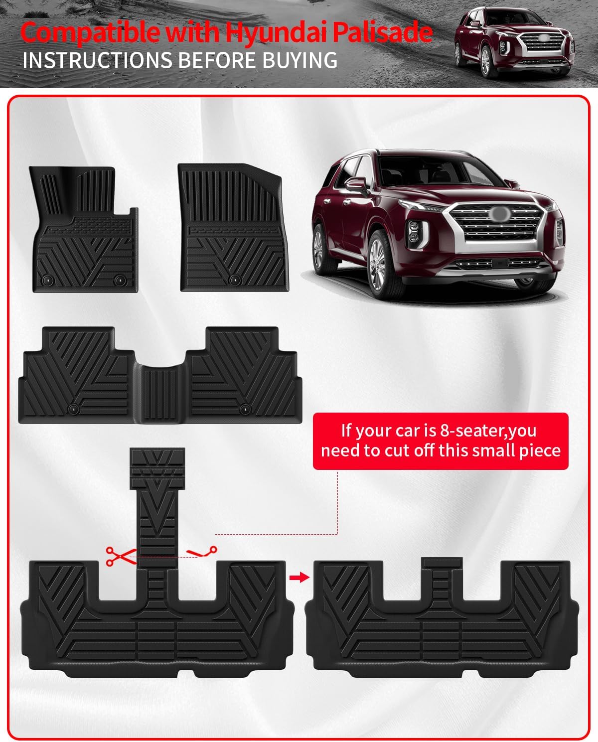 Alfombrillas compatibles con Hyundai Palisade 2020-2024, forro de carga, protector de asiento trasero de elastómero termoplástico, accesorios de 7 y