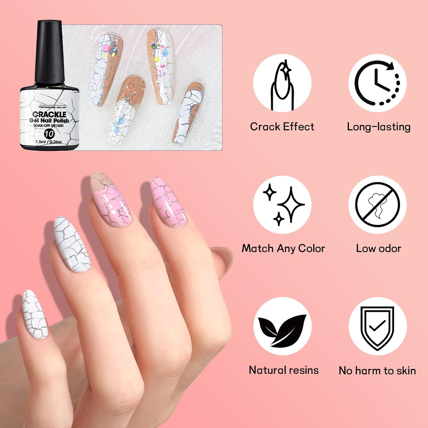 U-Shinein Esmalte de uñas de gel 3D, esmalte de uñas de ángulo blanco agrietado, increíble efecto de esmalte de uñas con estampado, de larga