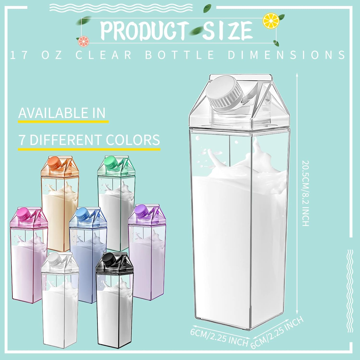 Foaincore 20 botellas de agua transparentes de cartón de leche de 17 onzas, botellas de leche cuadradas de plástico a granel, portátiles,