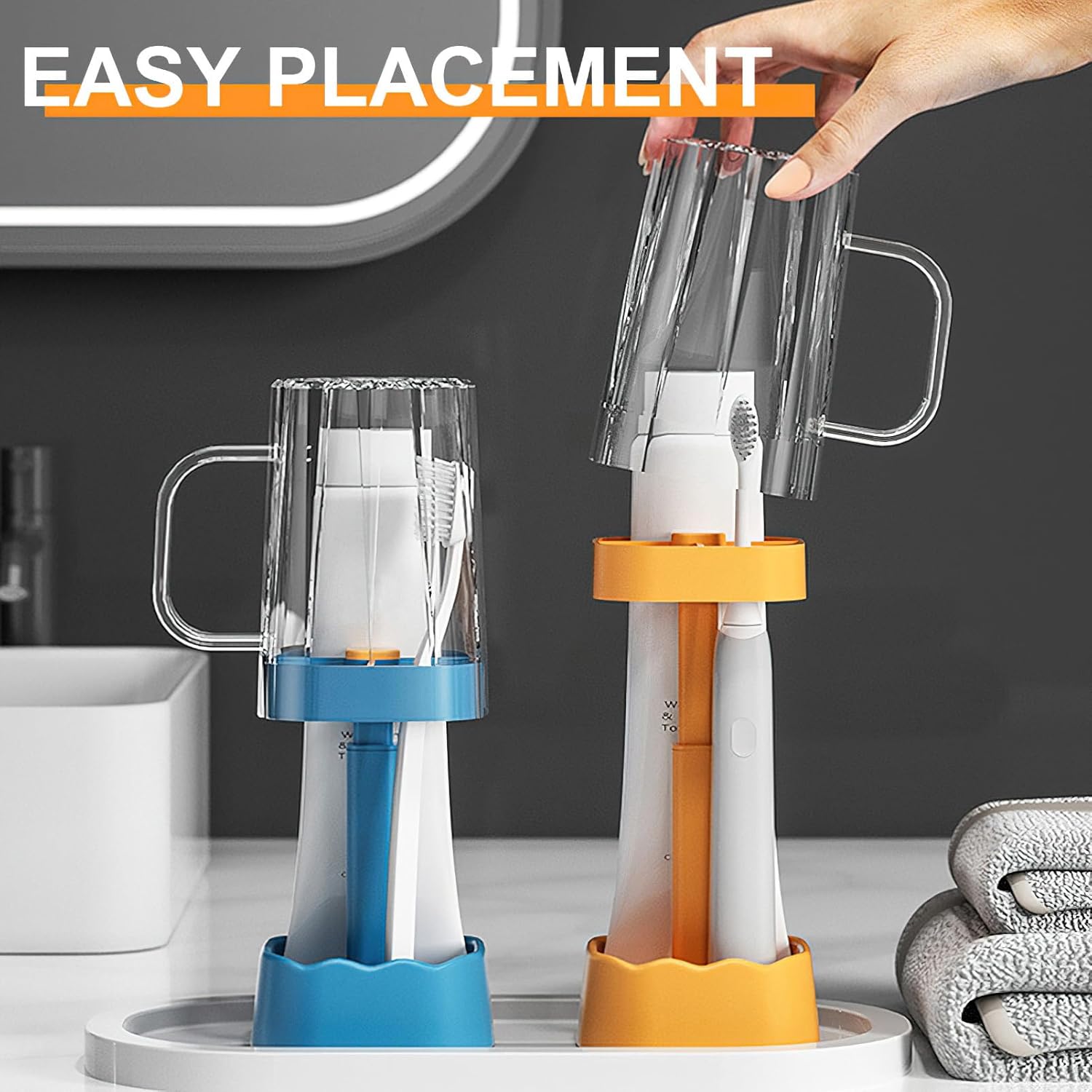 Soporte para pasta de dientes y cepillo de dientes con tazacubierta, juego de soporte para cepillado de dientes para baño contiene 3 ranuras,