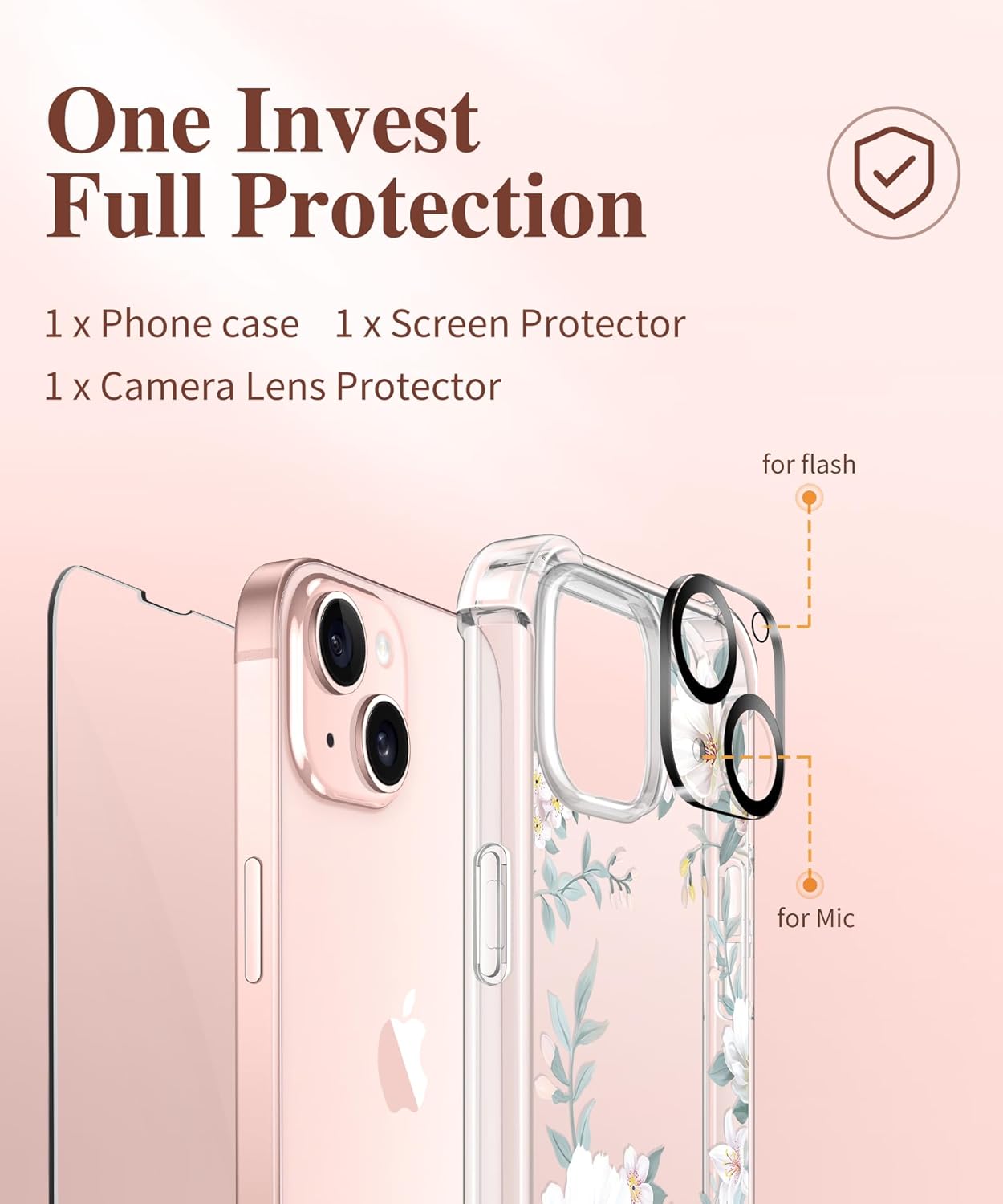 GVIEWIN Funda 3 en 1 diseñada para iPhone 15 Plus de 6.7 pulgadas, con protector de pantalla + protector de cámara con flores transparentes no