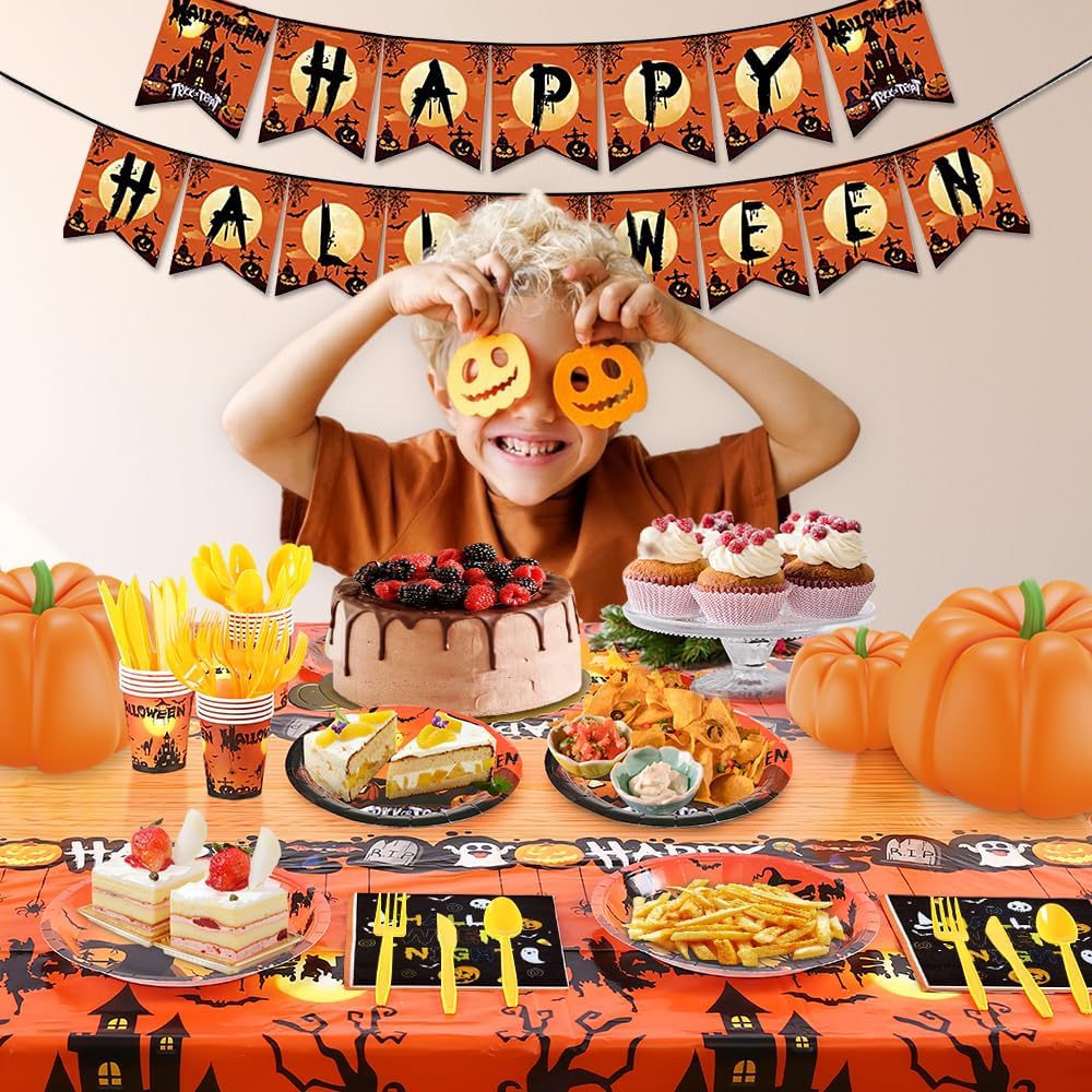 Juego de vajilla de 131 piezas para fiesta de Halloween, decoración de fiesta temática de Halloween, platos desechables de Halloween, servilletas,