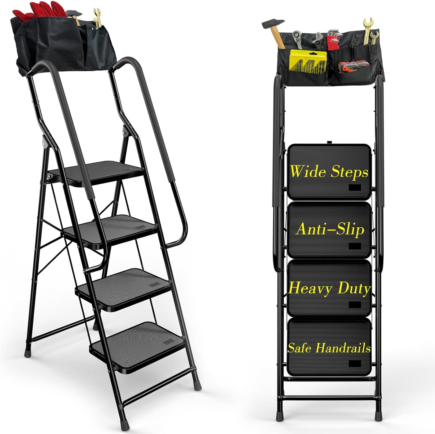 SUZHI Escalera de seguridad de cuatro escalones, escalera de 4 escalones con pasamanos resistente, taburete plegable con asa y bolsa de herramientas