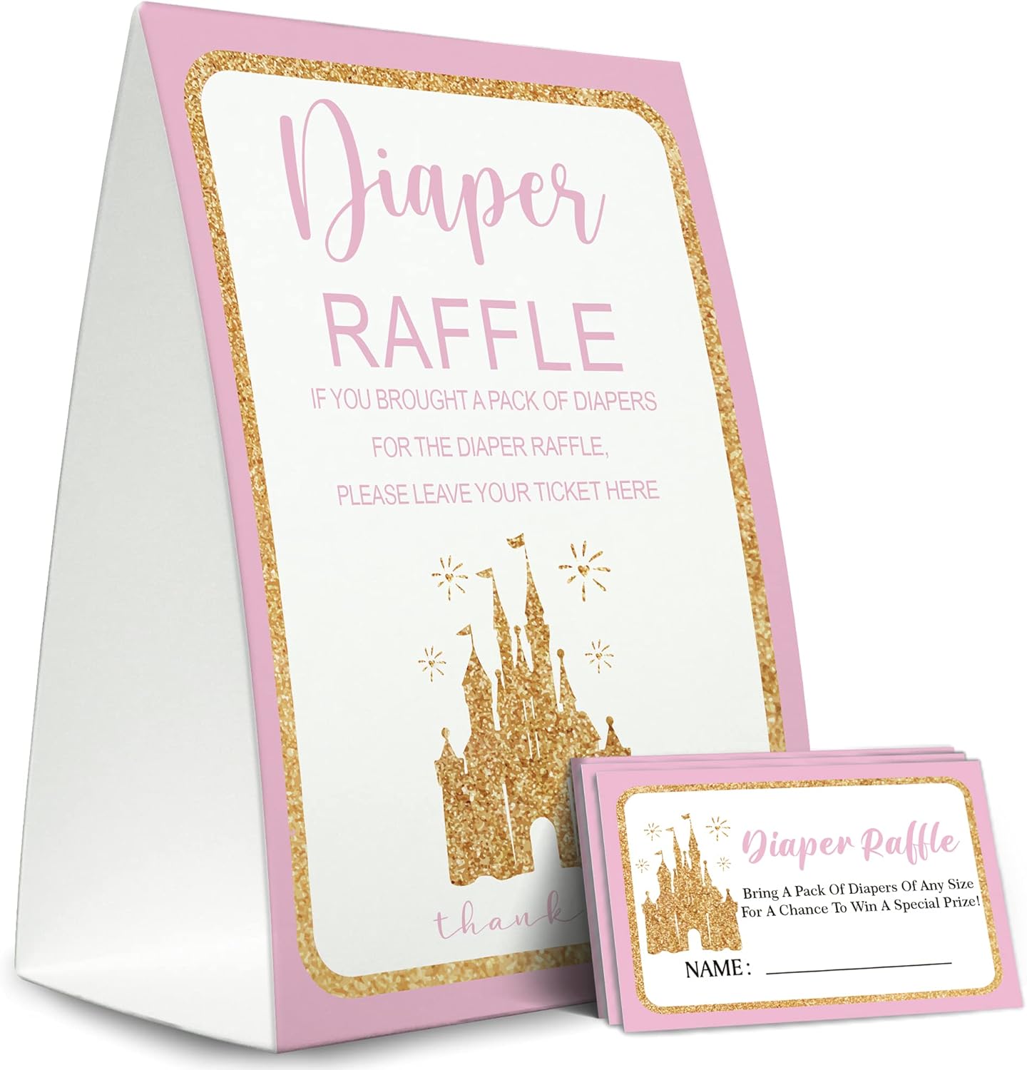 Cartel de sorteo de pañales, kit de juego para baby shower (1 letrero de pie + 50 tarjetas de adivinanzas), decoración de baby shower, juego de
