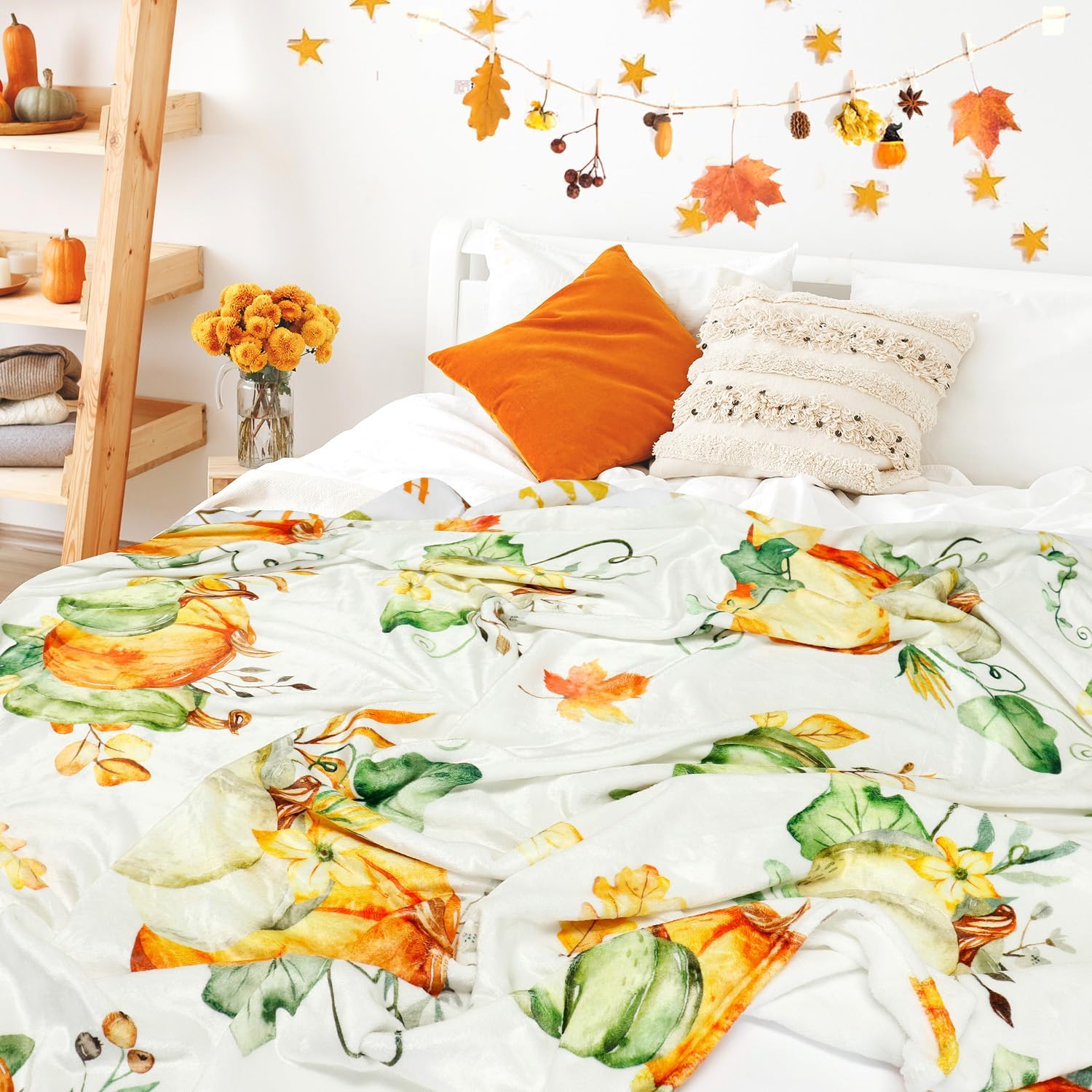 Tupmnbry Manta de otoño de calabaza, decoración de Acción de Gracias, manta de hojas de otoño, manta de franela súper suave para cama, sofá y