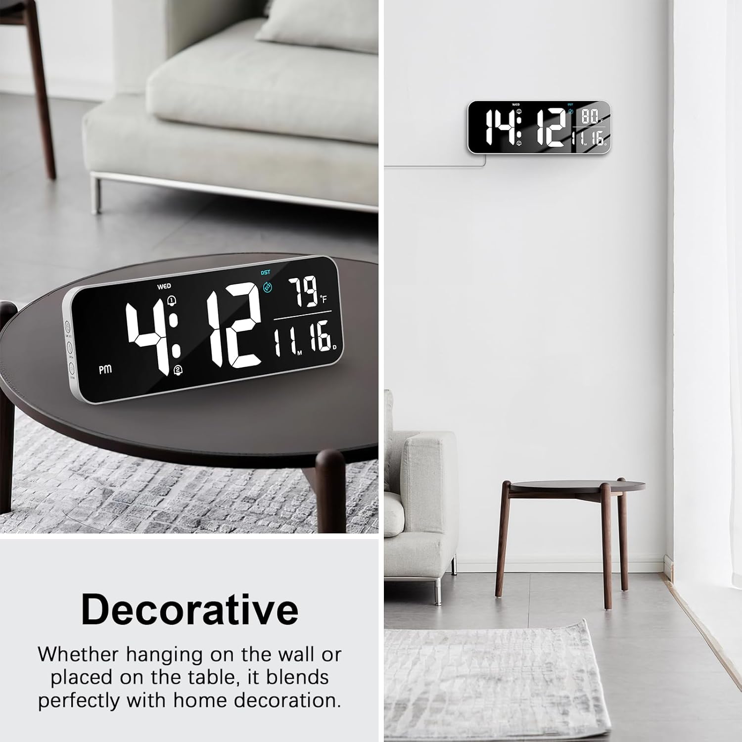 Deeyaple Reloj de pared digital, pantalla LED de 14.6 pulgadas, pantalla grande, fecha, temperatura, 1224 horas, control remoto, 10 brillo