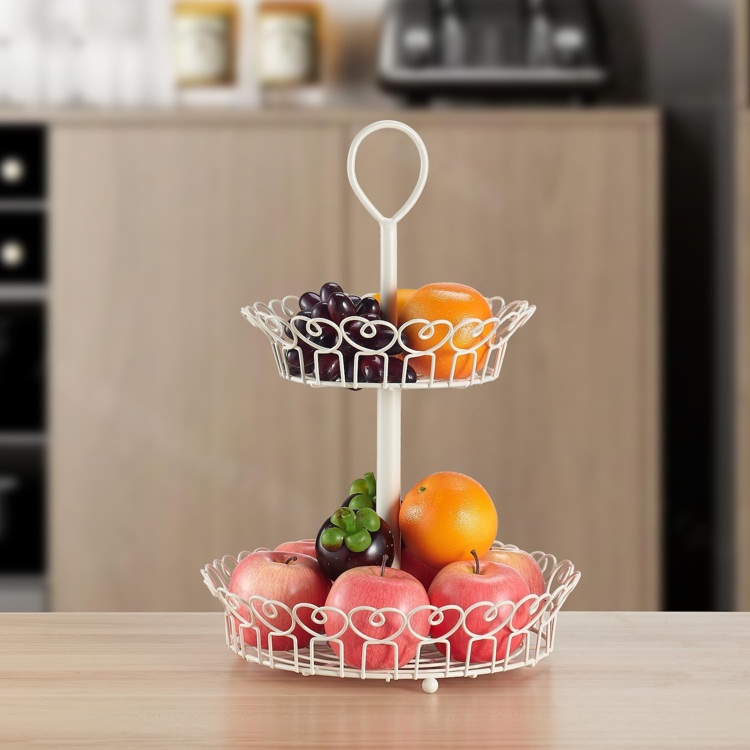 Giftburg Loveland White 2 Tier Countertop Fruit Bread Basket, 2 Tier Display Basket, Fruit Bowl, Vegetable Holder, Kitchen Storage