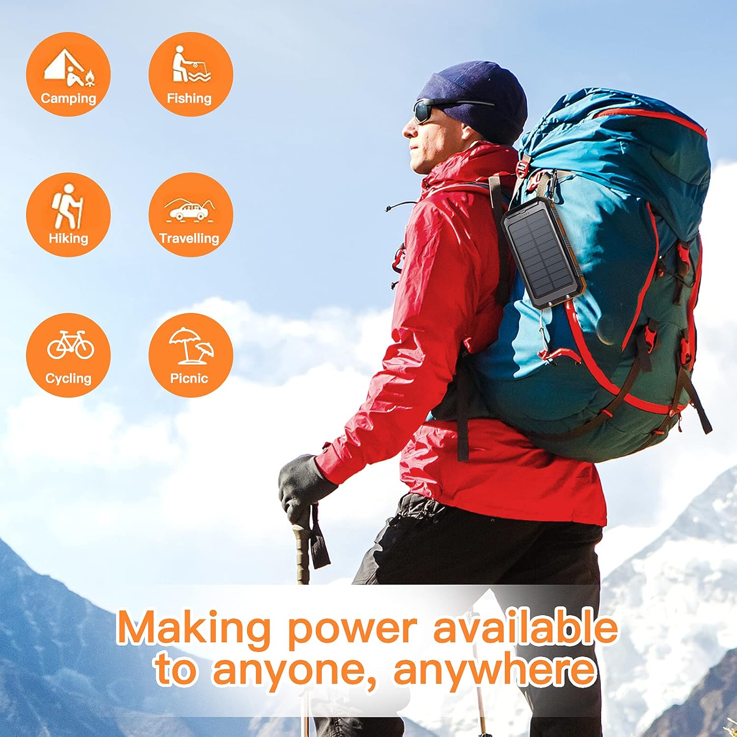 Cargador de batería portátil, cargador solar de 20000 mAh con USB C de 5 V2.1 A, carga rápida compatible con iPhone, iPad, linterna brillante LED