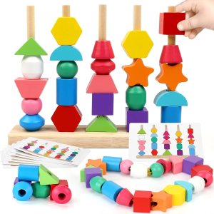 Juguetes Montessori de madera para niños pequeños, juguetes educativos de aprendizaje, bloques apilables y cuentas de cordones y apilador de formas Juguetes Montessori de madera para niños pequeños, juguetes educativos de aprendizaje, bloques apilables y cuentas de cordones y apilador de formas