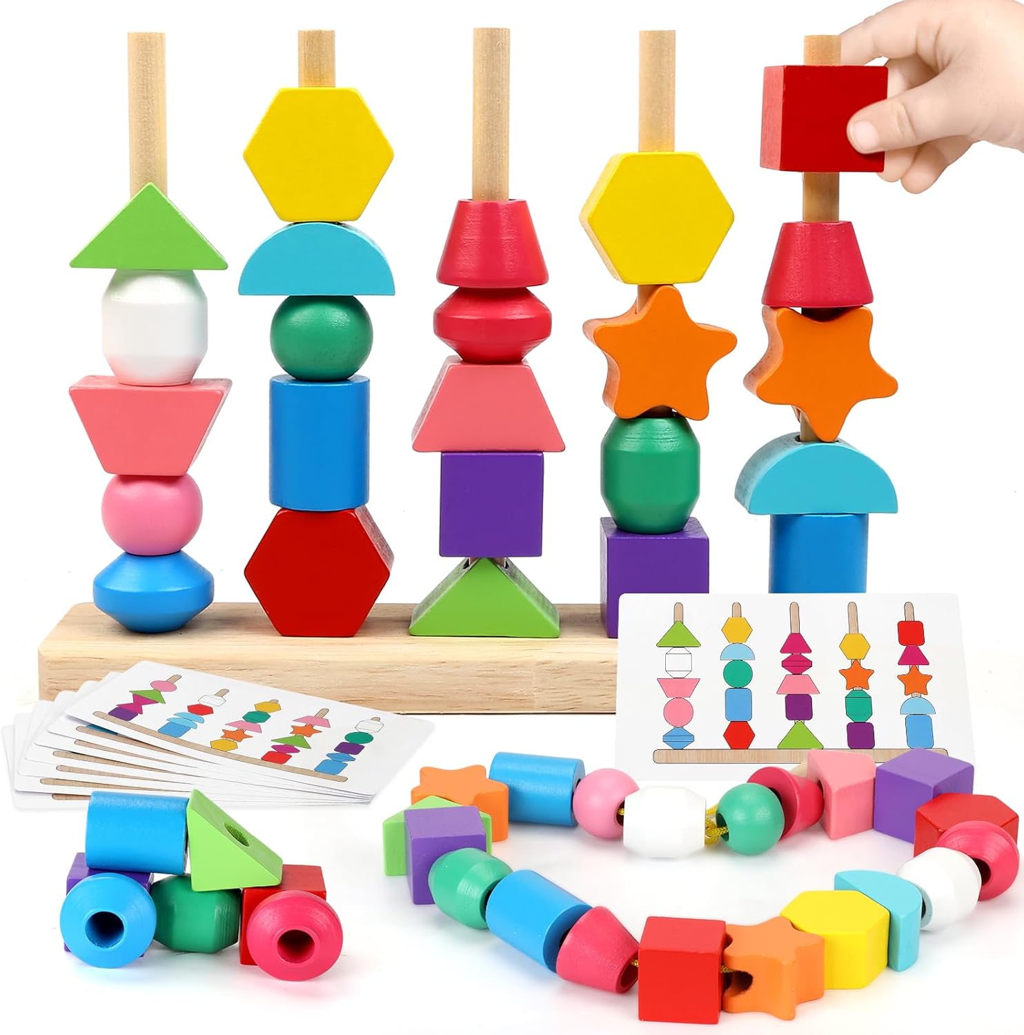 Juguetes Montessori de madera para niños pequeños, juguetes educativos de aprendizaje, bloques apilables y cuentas de cordones y apilador de formas
