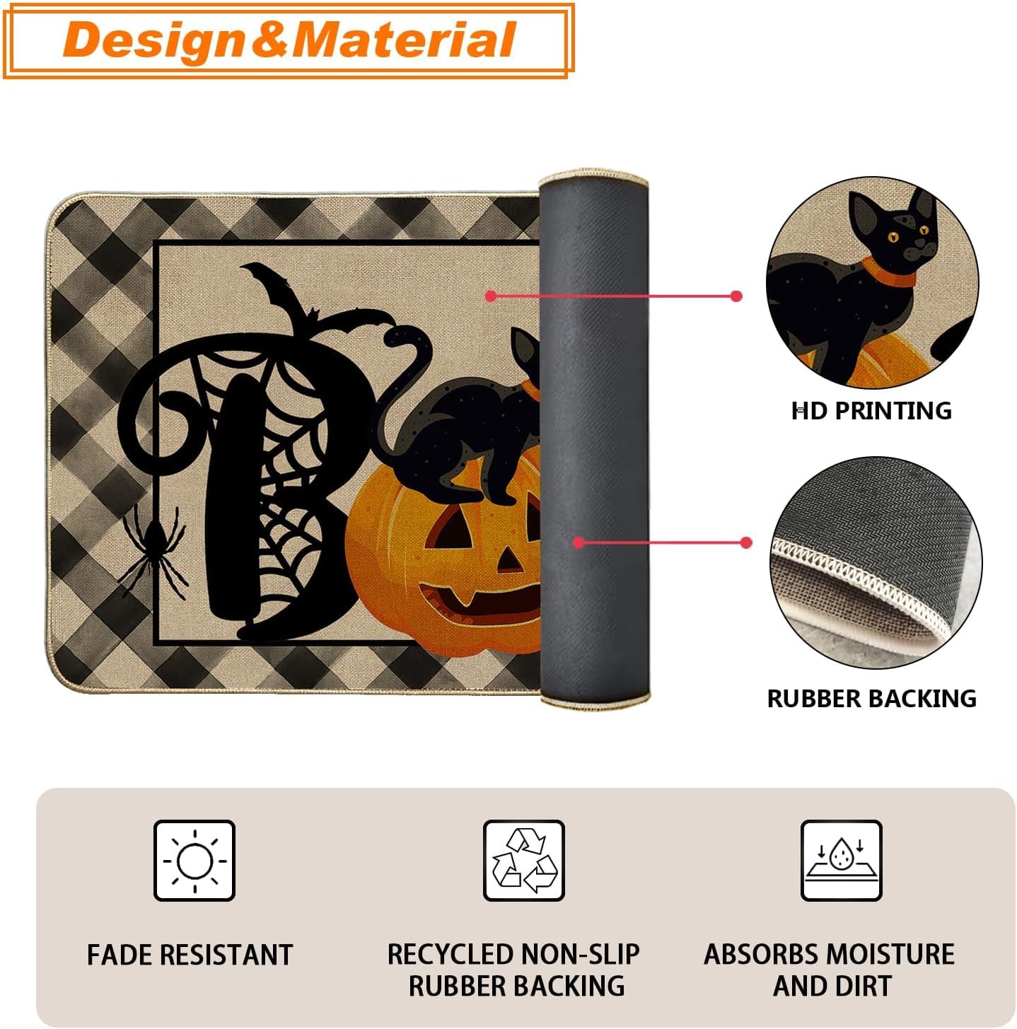 Baccessor Tapete de Halloween para interiores y exteriores, tapete de bienvenida antideslizante para puerta delantera, gato, calabaza, murciélagos,