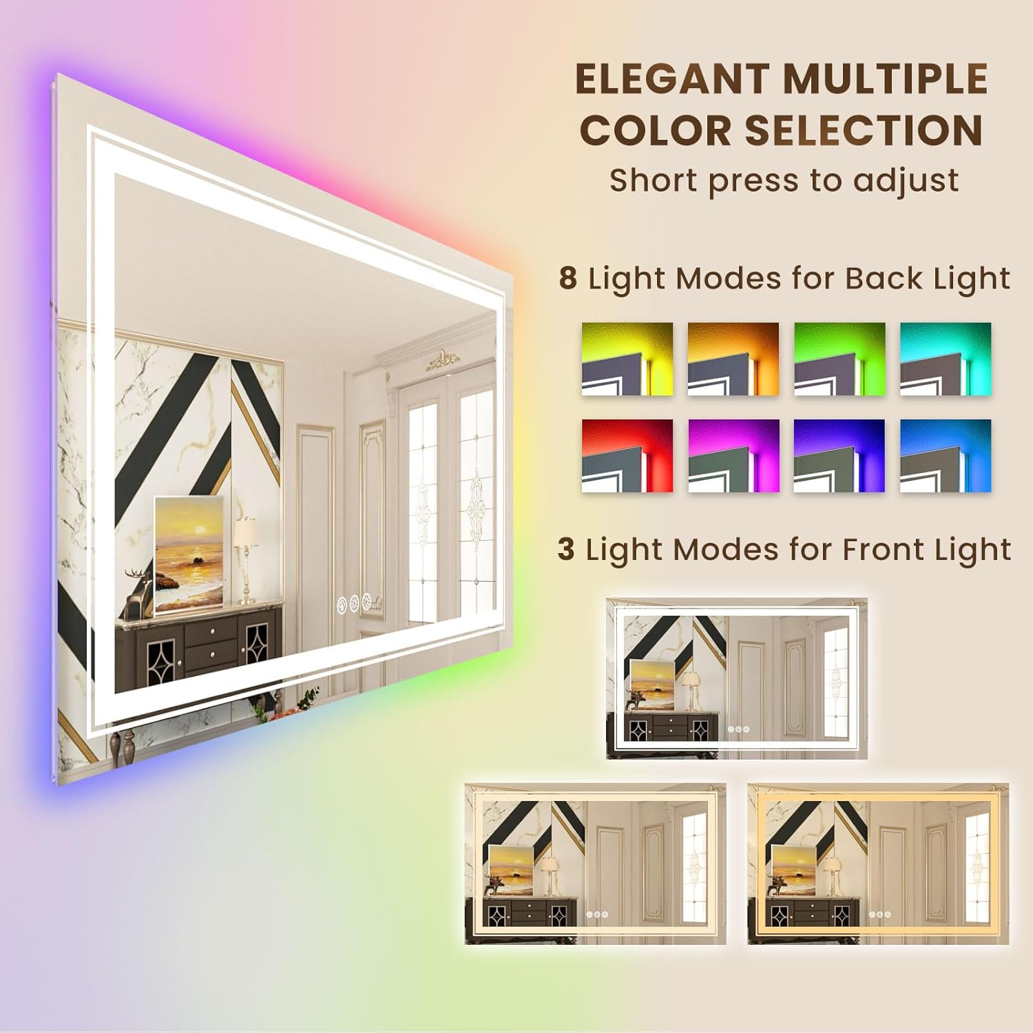 WTTY Espejo de baño LED de 40 x 36 pulgadas con retroiluminación RGB y luz frontal, espejo LED regulable continuo para baño, espejo de tocador de