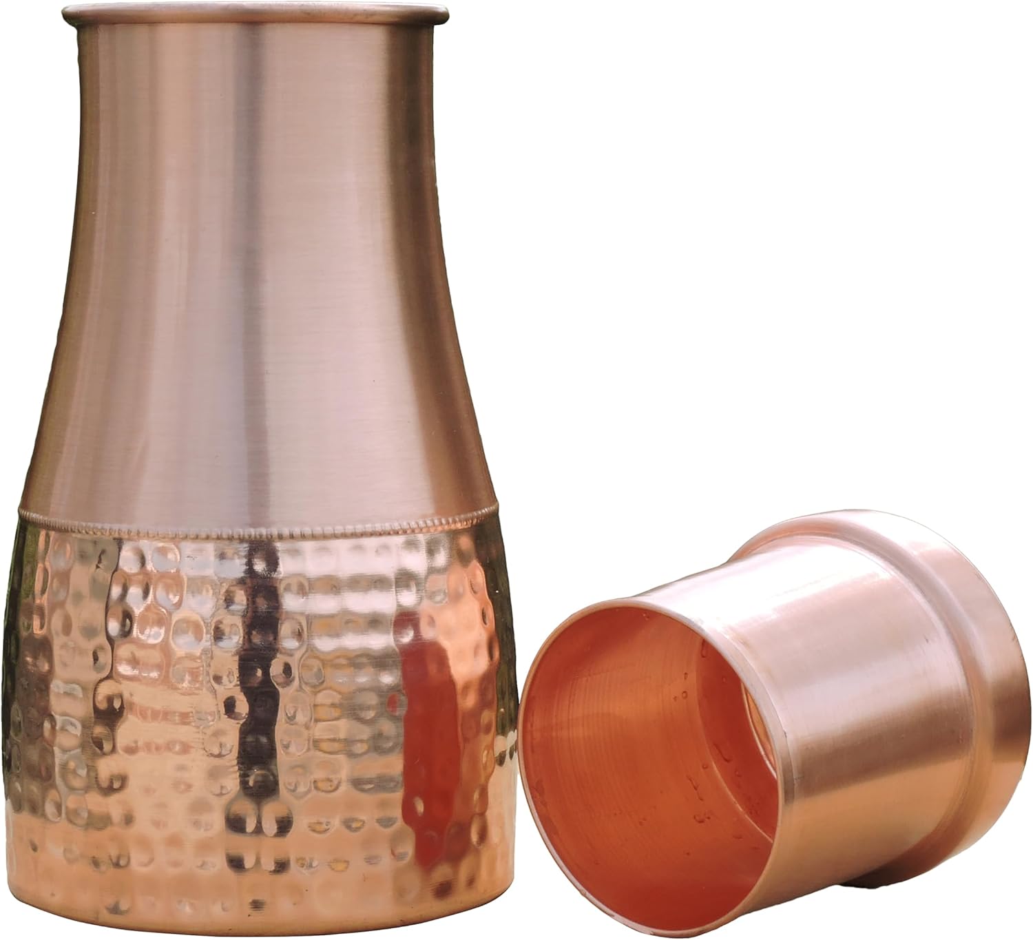 Jarra de noche de cobre puro para beneficios de salud ayurveda, capacidad – 1 litro (33.81 onzas líquidas de EE.UU.) (liso y martillado)