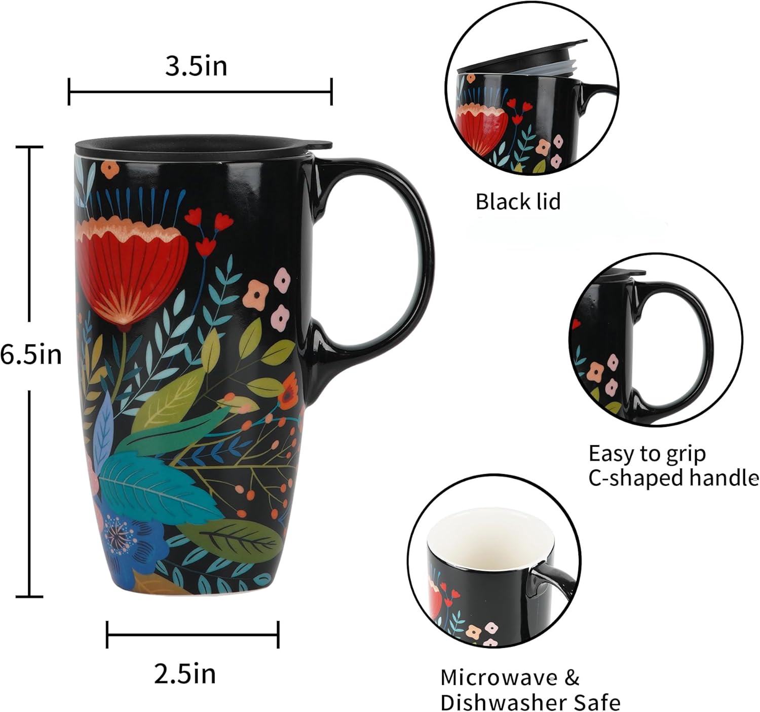 Topadorn Taza de café de cerámica con tapa de 17 onzas, taza de té alta de porcelana con asa para el hogar y la oficina, taza roja con patrón de