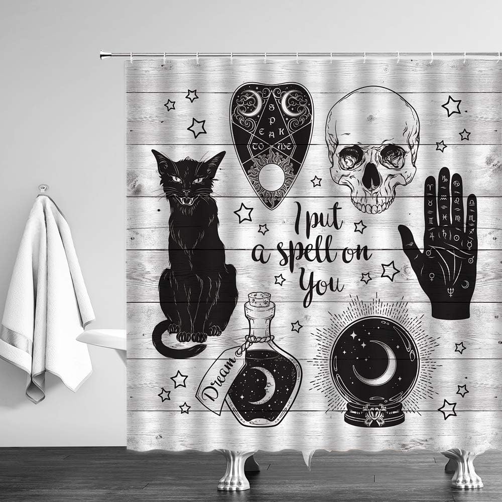 Cortina de ducha con diseño de calavera de gato negro Ouija, con cita de miedo, de madera rústica, magia, alquimia, ilustración gótica, tela de