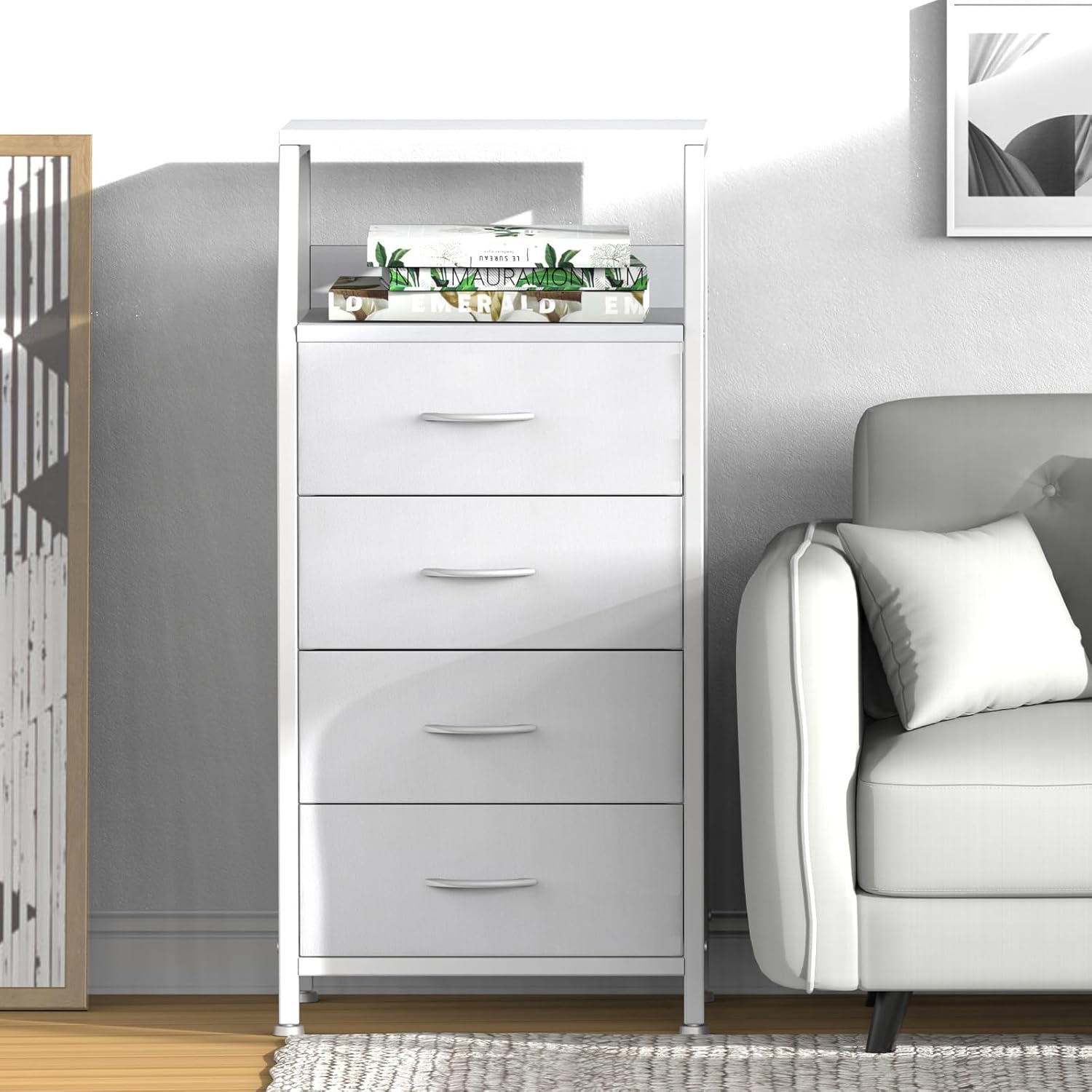 Cómoda con 4 cajones, torre de almacenamiento de tela para dormitorio, cajones de almacenamiento de ropa blanca, organizador vertical de armario