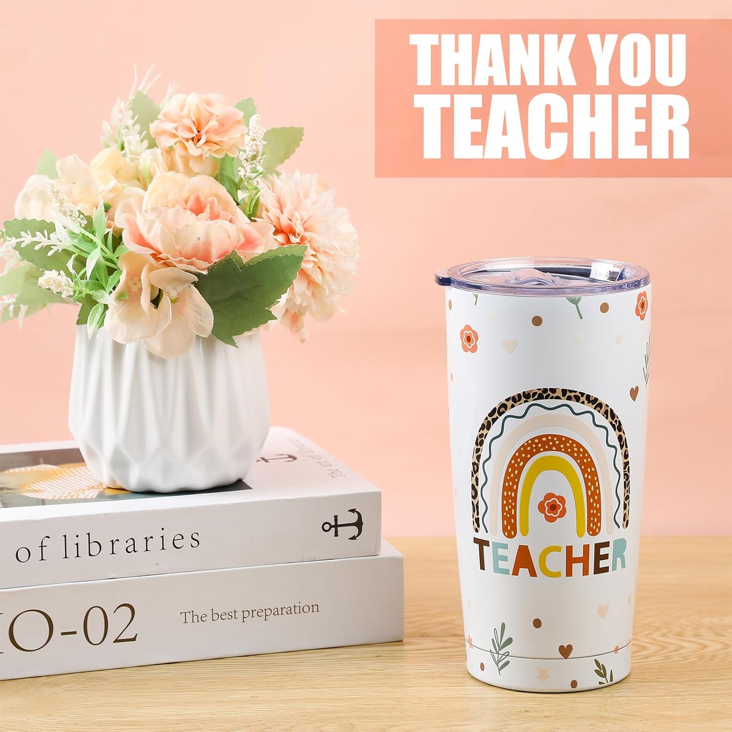 Paquete de 8 vasos de acero inoxidable de 20 onzas, regalos para profesores de estudiantes, adecuados para mujeres, tazas de agradecimiento, ideas
