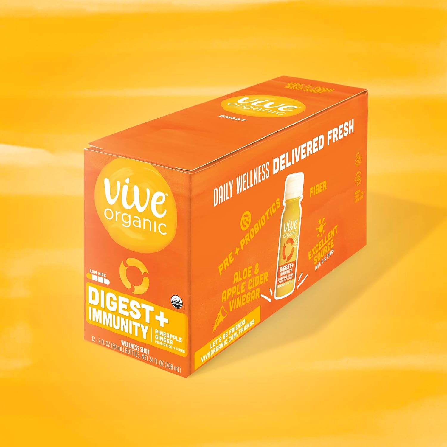 Vive Organic Digest + Immunity Dual-Boost Shot, Aloe Vera prensado en frío, sidra de manzana, probióticos, 0.07 oz de fibra, sin gluten, vegano, 2