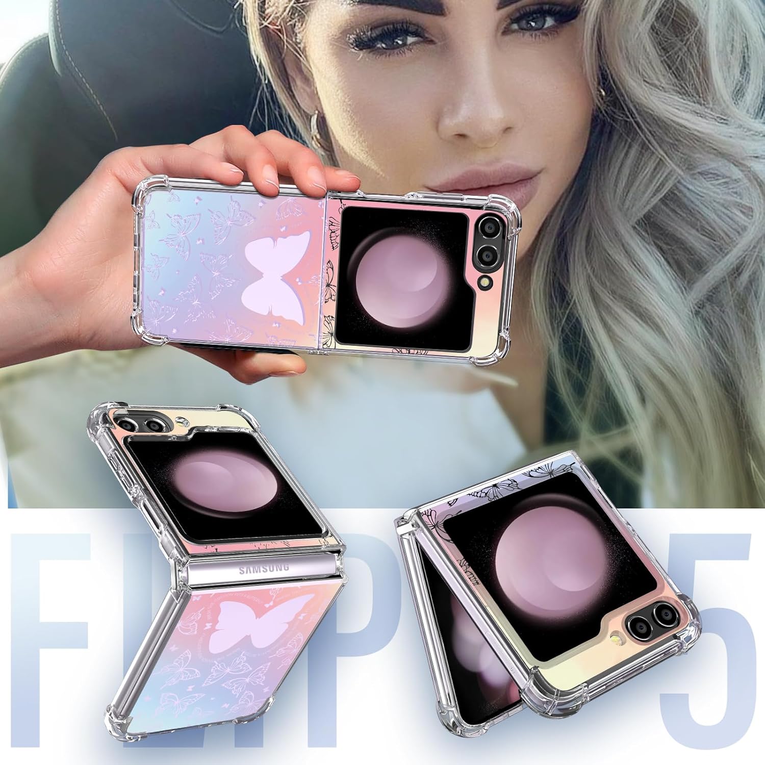 Funda para Samsung Galaxy Z Flip 5, diseño de mariposas de diseño protector transparente de TPU suave a prueba de golpes para Galaxy Z Flip 5 para