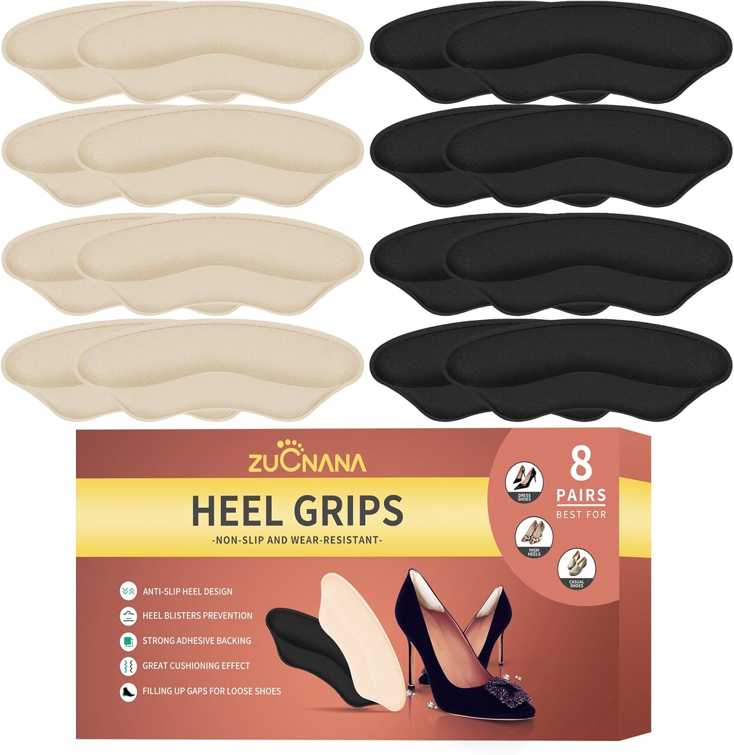 Forro de empuñaduras de talón para zapatos sueltos (8 pares16 piezas), insertos de cojín de talón para mujeres y hombres, zapatos demasiado grandes,