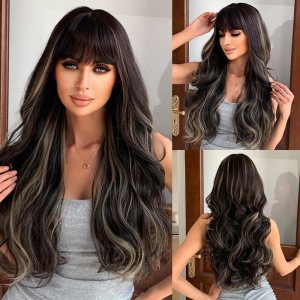 Allbell Peluca marrón con flequillo, pelucas largas onduladas negras para mujer, pelucas sintéticas rubias naturales, peluca de cabello rizado para Allbell Peluca marrón con flequillo, pelucas largas onduladas negras para mujer, pelucas sintéticas rubias naturales, peluca de cabello rizado para