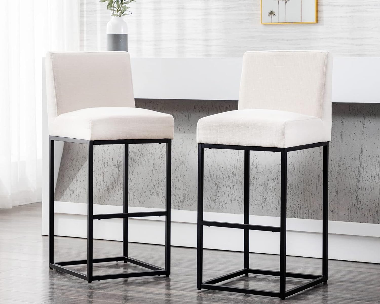 Taburetes de bar modernos de altura de mostrador, taburetes de isla de cocina tapizados de lino con respaldo, taburetes de bar de 31 pulgadas con