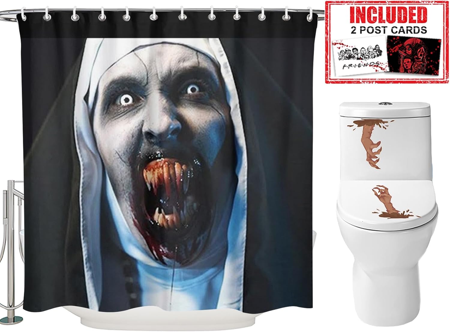 Juego de cortinas de ducha de Halloween para baño, diseño de monja aterradora 2 Conjuring The Nun II con temática de película de terror, decoración