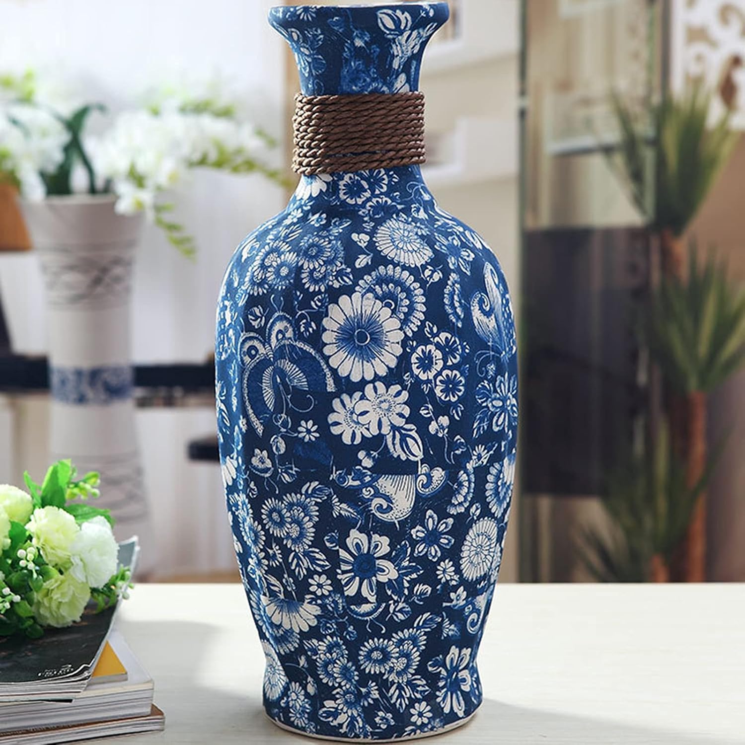 fanquare Jarrón decorativo de cerámica, florero floral moderno hecho a mano, accesorios de oficina en casa, altura 9.8 pulgadas