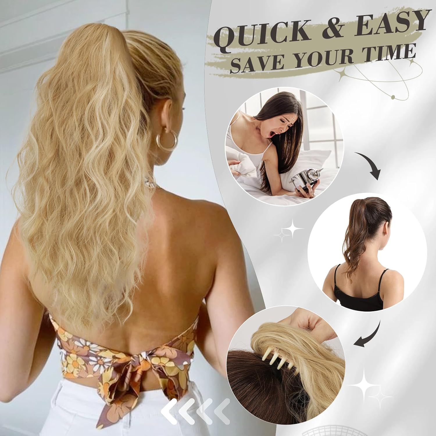 BARSDAR Extensión de cola de caballo rubia, extensiones de cola de caballo con clip de garra de 18 pulgadas para mujer, extensiones de cola de