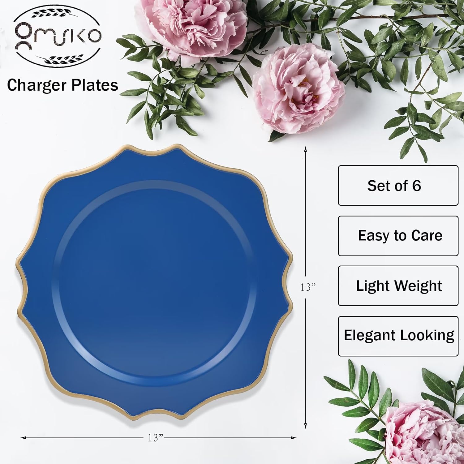 Omuriko Cargadores azules para platos llanos, 13 pulgadas de plástico festoneado, juego de 6 platos decorativos para servicio de carga, para bodas,