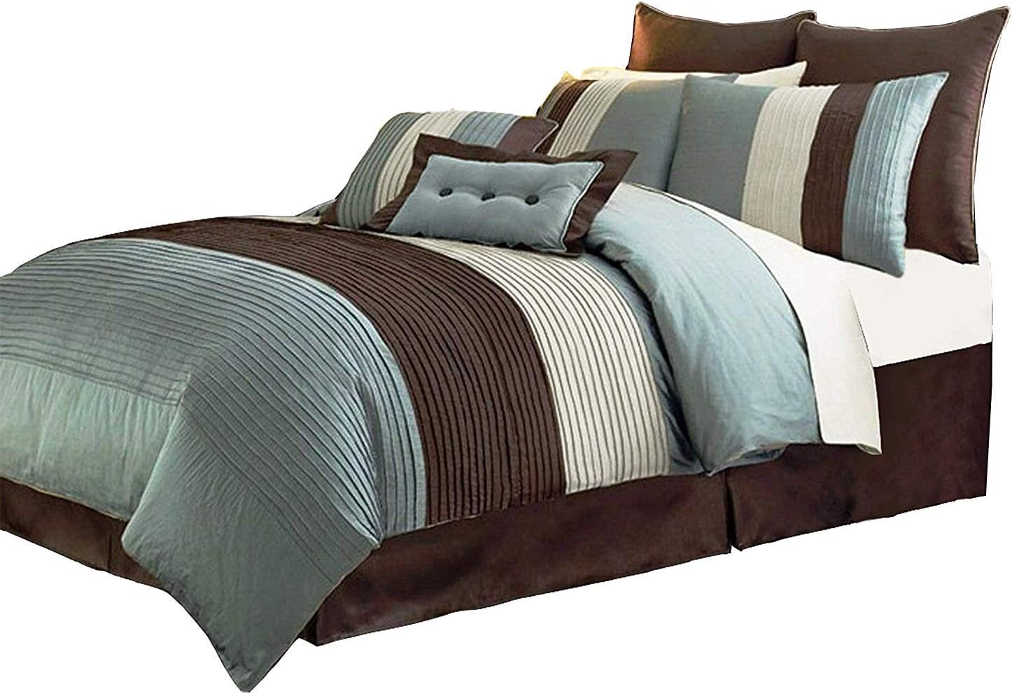 Chezmoi Collection Juego de edredón de 8 piezas con diseño de rayas plisadas, color azul, marrón, beige, tamaño California King