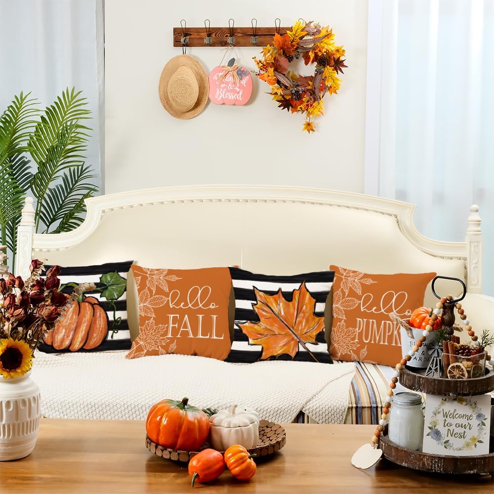 Juego de 4 fundas de almohada decorativas de otoño de 20 x 20 pulgadas, diseño de rayas de hojas de arce con diseño de calabaza de Hello para