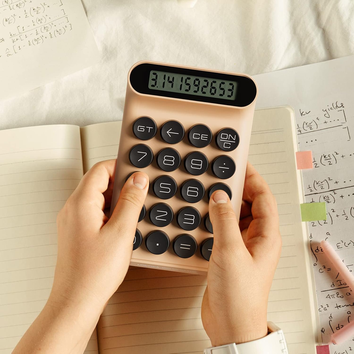 Calculadora de interruptor mecánico, portátil para oficina diaria y básica,Pantalla LCD grande de 10 dígitos (crema)