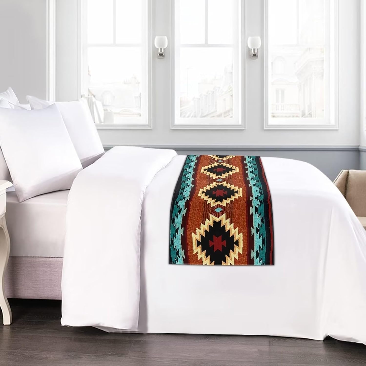 Southwestern – Camino de cama para tamaño Queen, bufanda para pie de cama, tribal, nativo americano, Navajo, corredores de cama y bufandas, bufanda