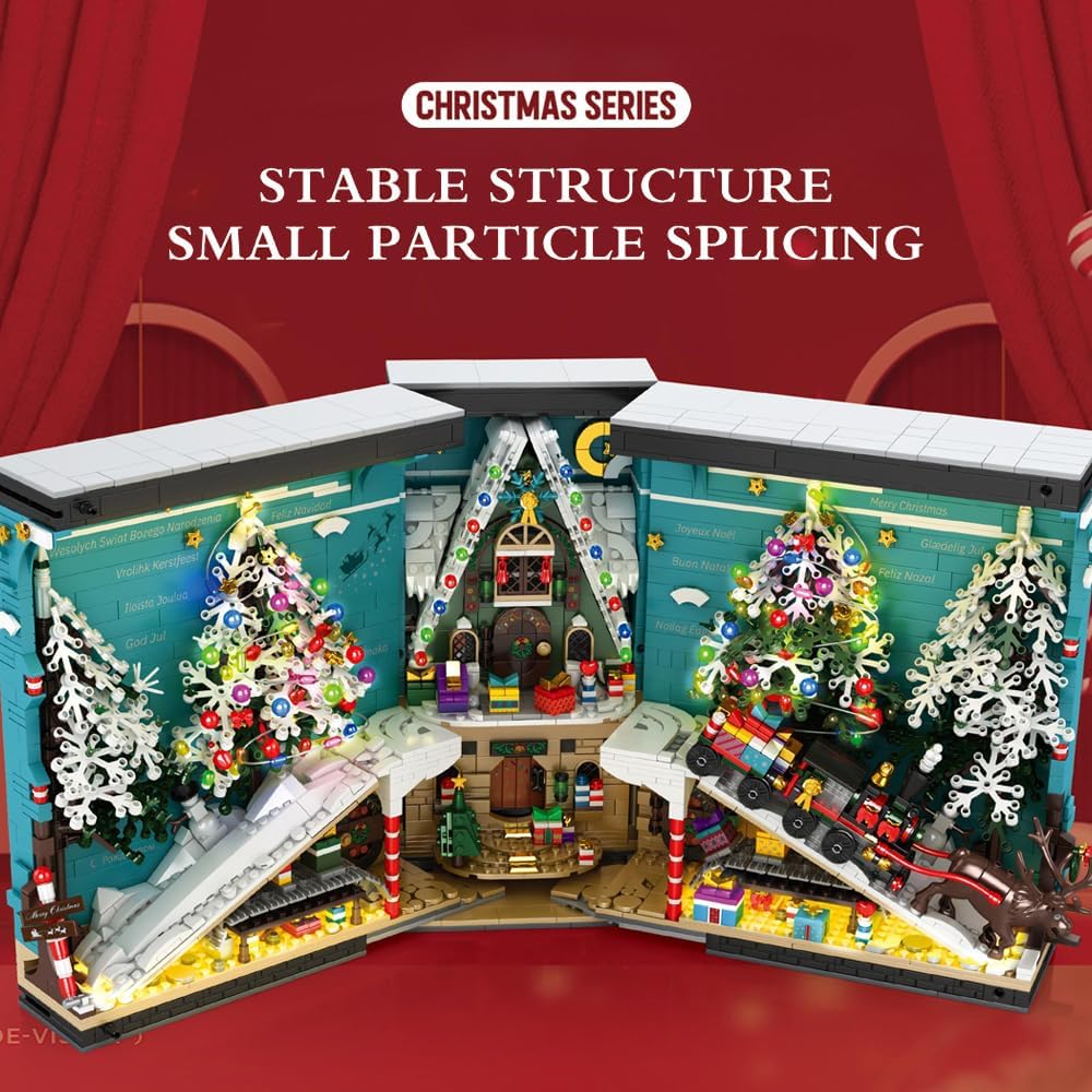 MISINI Bloques de construcción de tren de Navidad 3D 66033 2023, 3260 piezas, sujetalibros de árbol de Navidad, alce, libro de bloques con luz LED,