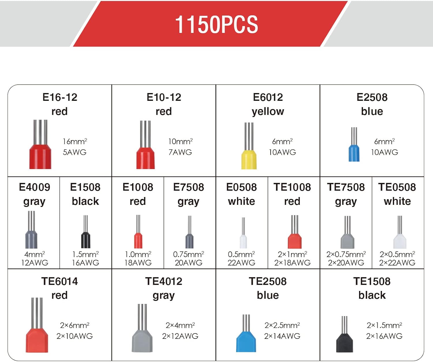 Herramienta de prensado de virola, alicates engarzadores de virola hexagonal (AWG 28-5) con 1150 conectores de virola doble y individual, kit de