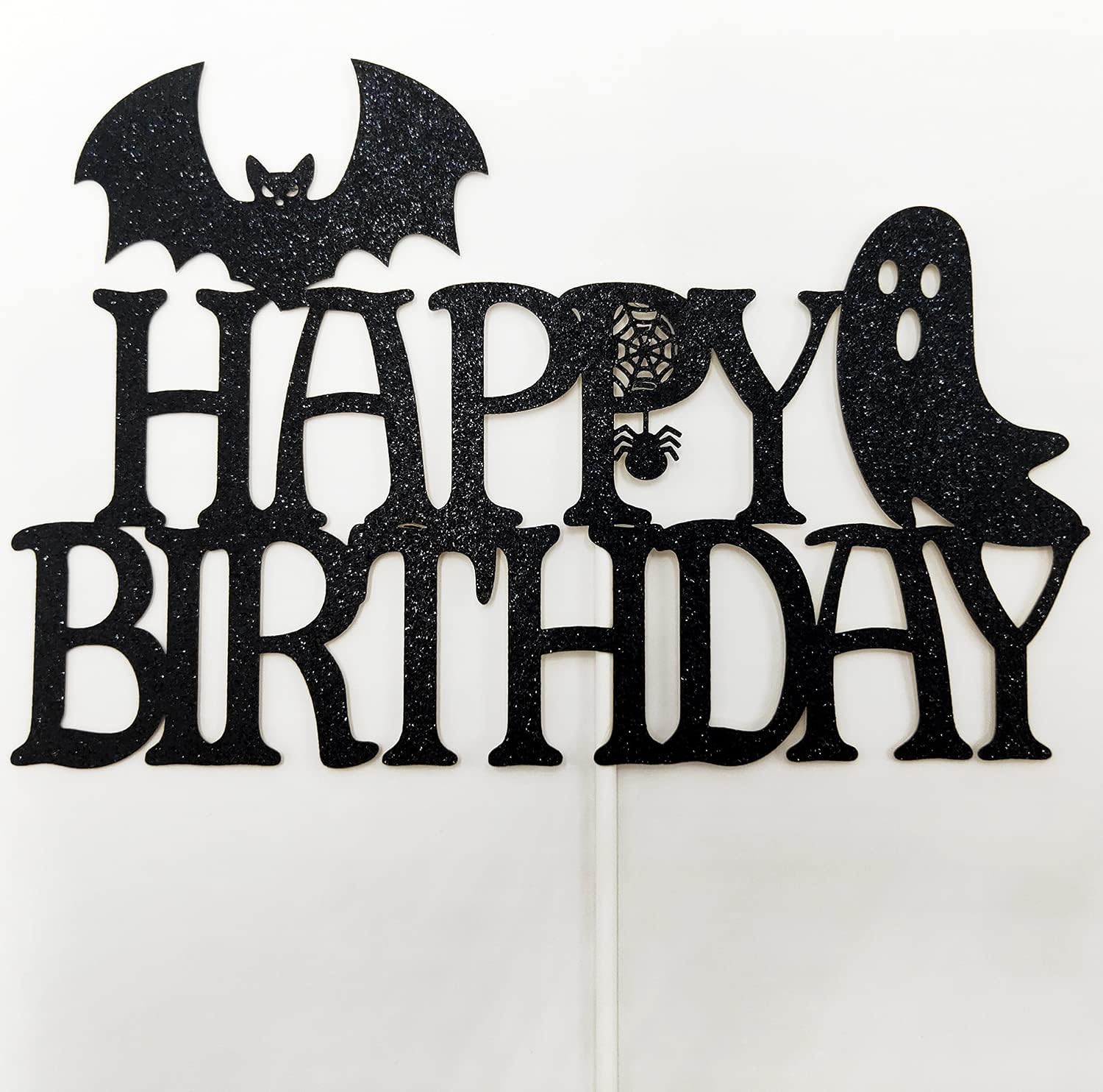 CAVLA Decoración negra con purpurina para tarta de cumpleaños de Halloween con decoración de pastel de cumpleaños de Halloween con murciélago,