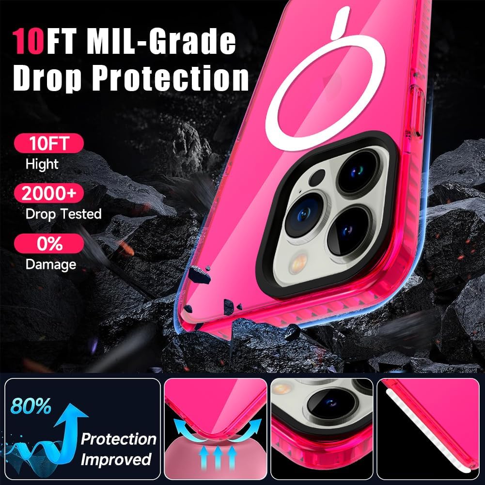 KANGHAR Funda magnética para iPhone 1212 Pro compatible con MagSafe Fuerte magnético Protección de grado militar Rosa intenso transparente a prueba