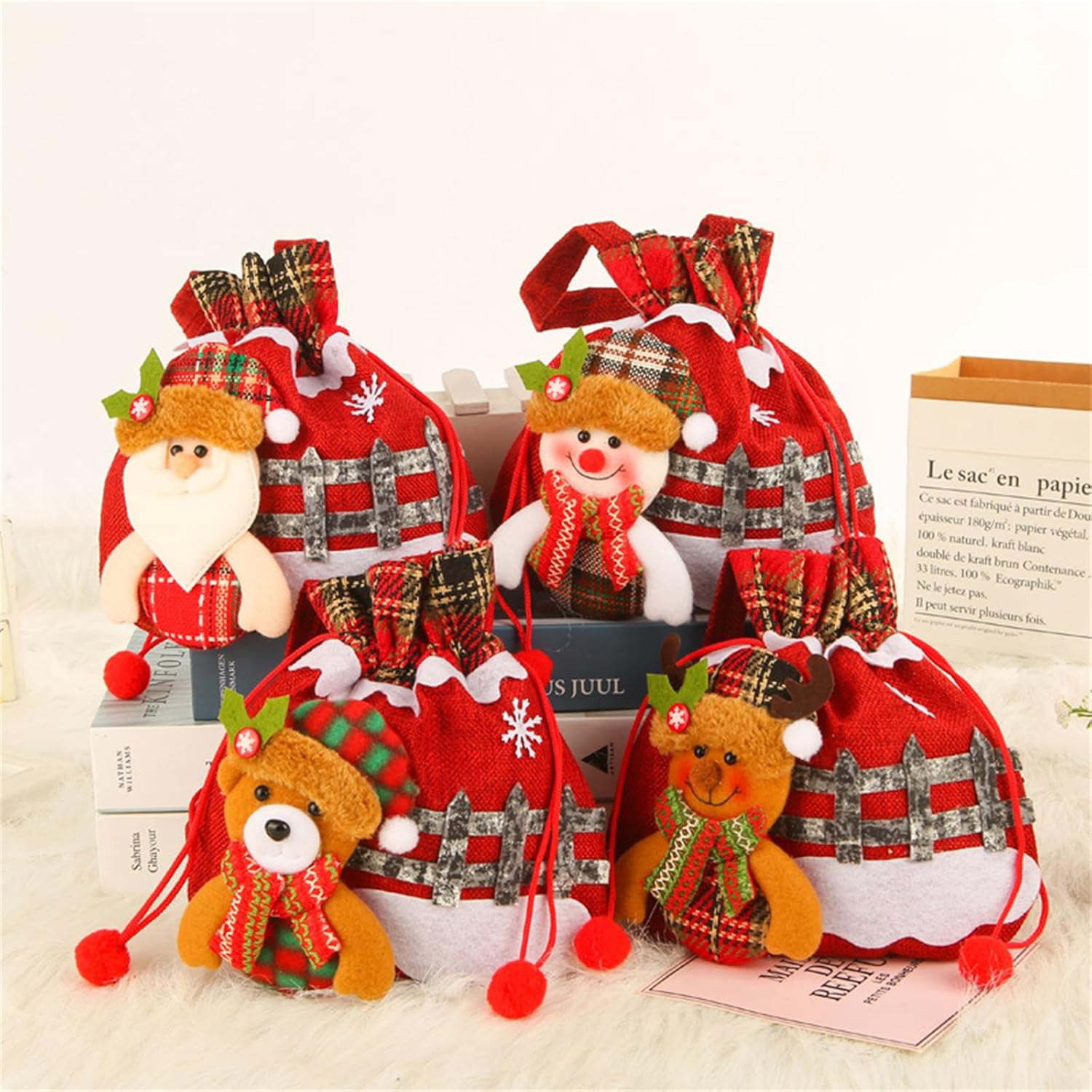 LONGLUAN Bolsas de regalo de Navidad, bolsas de Navidad con cordón de Papá Noel, bolsas de regalo de Navidad con cordón, cajas de Navidad para