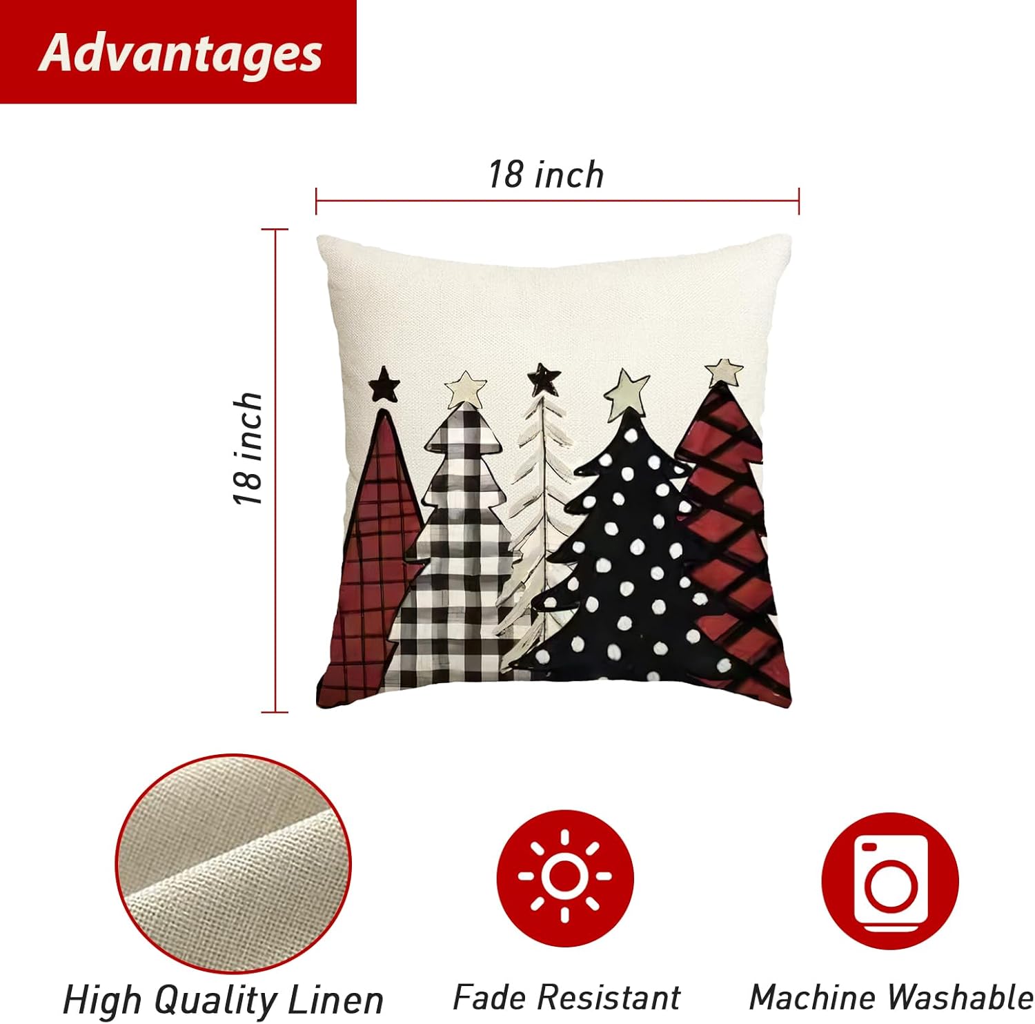 Juego de 2 fundas de almohada de 18 x 18 pulgadas con diseño de árboles de Navidad rojos, lavables a máquina, suaves, para el hogar, sala de estar,