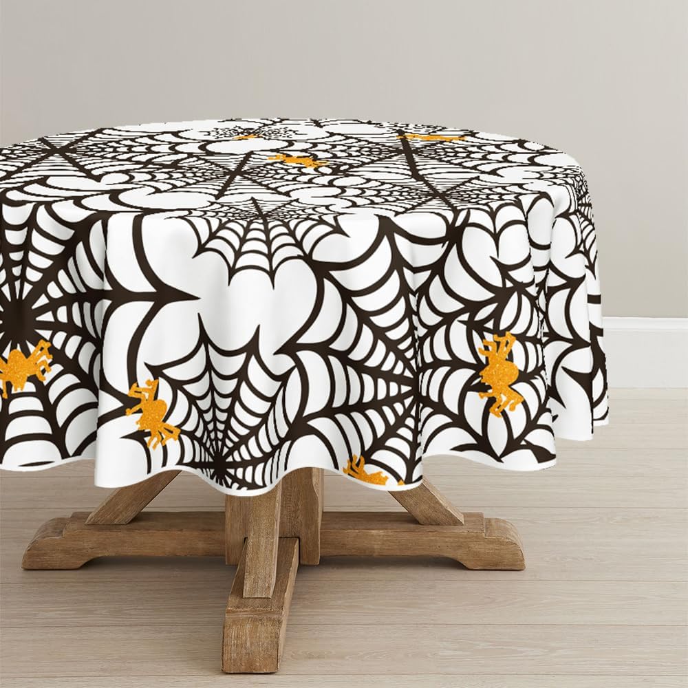 Horaldaily Mantel redondo de Halloween de 70 x 70 pulgadas, diseño de telaraña, diseño de telaraña, temática aterradora, color blanco y negro, para