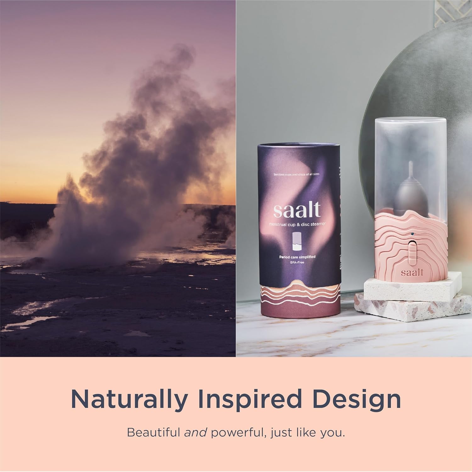 Saalt Vapor – Limpia con vapor tu copa menstrual o disco menstrual – Diseñado a medida por expertos – Temporización automática, interruptor de