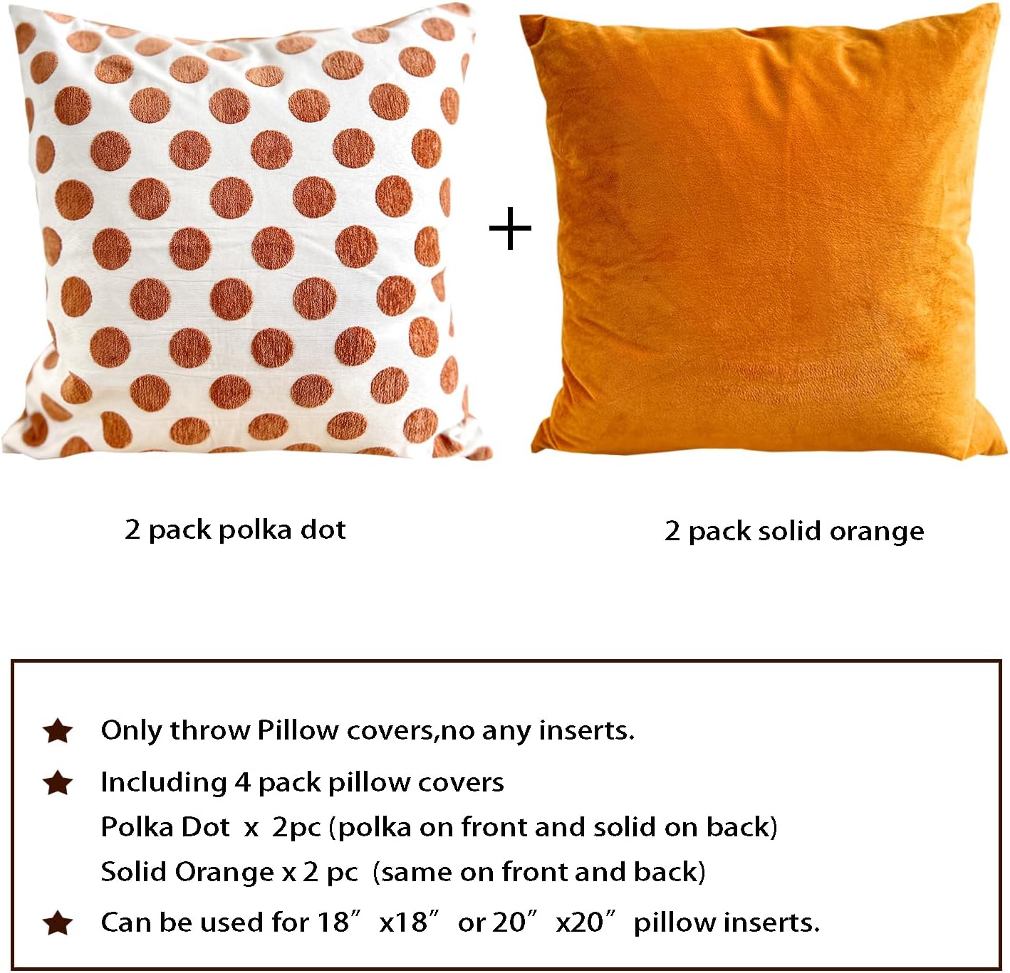 HOPLEE Funda de almohada naranja de 18 x 18 pulgadas, fundas de cojín decorativas con diseño de lunares y naranja liso, 18 x 18 pulgadas, paquete de