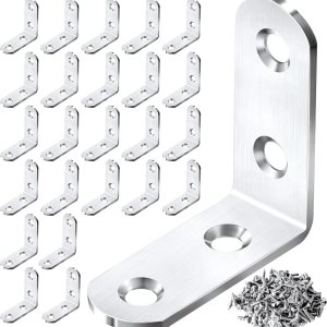 Juego de 24 piezas de soporte de esquina en L plateado de 90 grados, soporte de esquina de metal de acero inoxidable para estantes de madera, Juego de 24 piezas de soporte de esquina en L plateado de 90 grados, soporte de esquina de metal de acero inoxidable para estantes de madera,