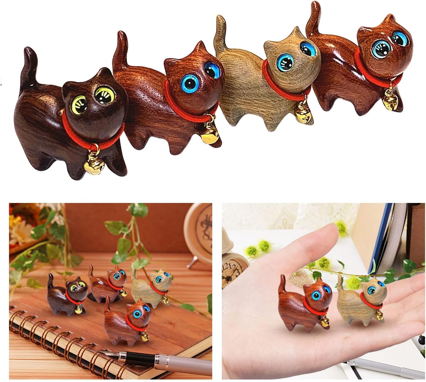 4 esculturas de gato de palisandro, gatito tallado a mano, pequeña figura de gato de madera hecha a mano para manualidades, decoración del hogar,